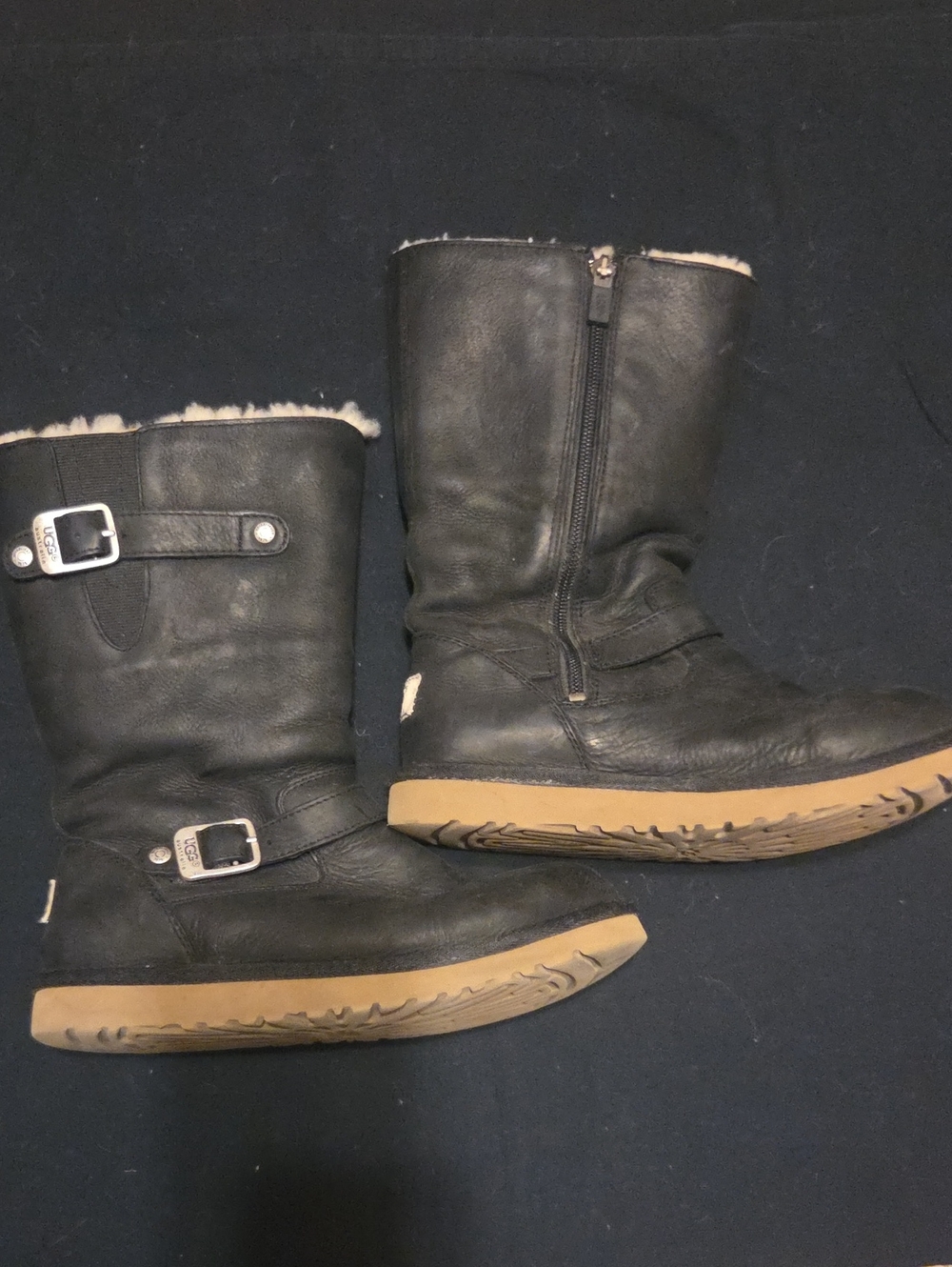 UGG Black Leather Shearling-Trim Mid-Calf Boots with Tan Soles